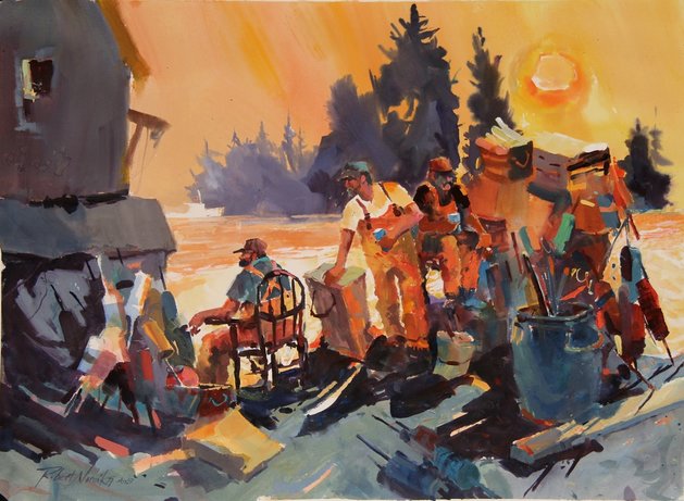 Lobstermen Sunset acrylic painting by Robert Noreika