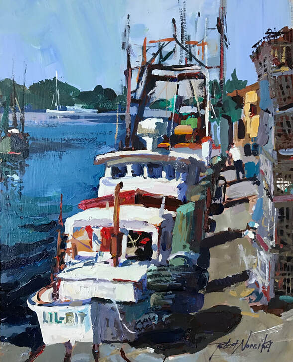 Boats in Harbor Stonington CT acrylic painting by Robert Noreika