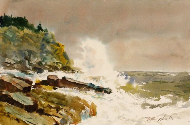 View from Driftwood Inn, watercolor, by Robert Noreika